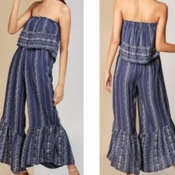 Japna Blue Bohemian Strapless Wide
Leg Ruffled Jumpsuit - Picture 1 of 7